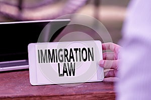 Text caption presenting Immigration Law. Word for national statutes and legal precedents governing immigration Voice And