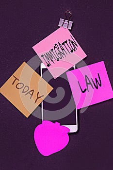 Text caption presenting Immigration Law. Word Written on national statutes and legal precedents governing immigration