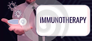 Text caption presenting Immunotherapy. Word for treatment or prevention of disease that involves enhancement of immune