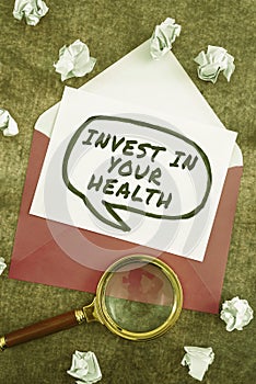 Text caption presenting Invest In Your Health. Business idea Live a Healthy Lifestyle Quality Food for Wellness