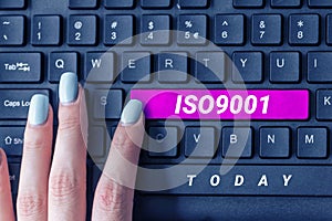 Text caption presenting Iso9001. Business concept the appropriate international standard followed to ensure customer
