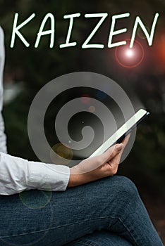 Text caption presenting Kaizen. Business approach a Japanese business philosophy of improvement of working practices