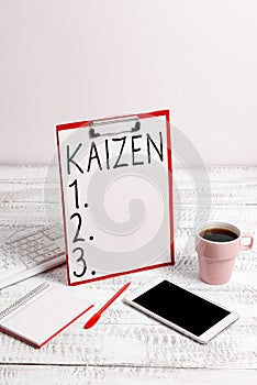Text caption presenting Kaizen. Internet Concept a Japanese business philosophy of improvement of working practices