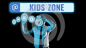 Text caption presenting Kids Zone. Business showcase An area or a region designed to enable children to play and enjoy