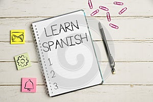 Text caption presenting Learn Spanish. Business approach Translation Language in Spain Vocabulary Dialect Speech