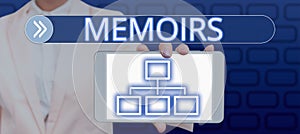 Text caption presenting Memoirs. Business overview collection of memories that individual writes about moments or event