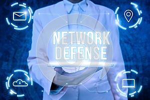 Text caption presenting Network Defense. Word Written on easures to protect and defend information from disruption Lady
