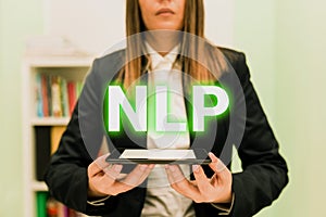 Text caption presenting Nlp. Business concept psychological approach involves analyzing strategies to reach a goal