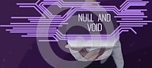 Text caption presenting Null And Void. Internet Concept Cancel a contract Having no legal force Invalid Ineffective