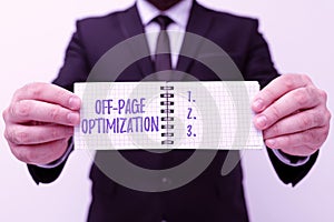 Text caption presenting Off Page Optimization. Concept meaning set of techniques to increase your website s is ranking