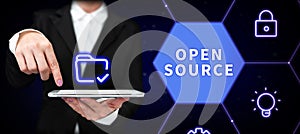 Text caption presenting Open Source. Business idea denoting software which original source code freely available