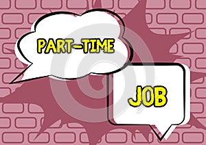 Text caption presenting Part Time Job. Business approach Working a few hours per day Temporary Work Limited Shifts