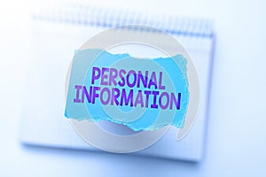 Text caption presenting Personal Information. Word for recorded information about an identifiable individual Thinking