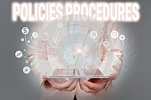Text caption presenting Policies Procedures. Business showcase Influence Major Decisions and Actions Rules Guidelines
