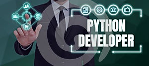 Text caption presenting Python Developer. Business idea responsible for writing serverside web application logic