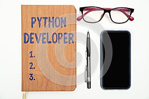 Text caption presenting Python Developer. Business showcase responsible for writing serverside web application logic