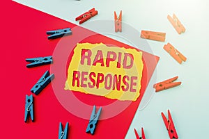 Text caption presenting Rapid Response. Word for Medical emergency team Quick assistance during disaster Writing