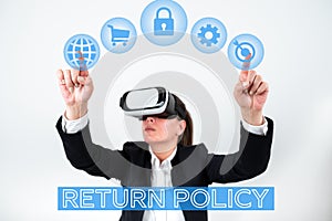 Text caption presenting Return Policy. Business idea Tax Reimbursement Retail Terms and Conditions on Purchase