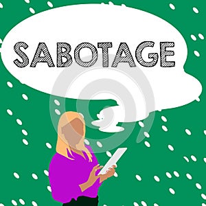 Text caption presenting Sabotage. Business overview destruction of an employer's tools and materials by workers