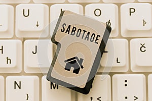 Text caption presenting Sabotage. Concept meaning destruction of an employer's tools and materials by workers