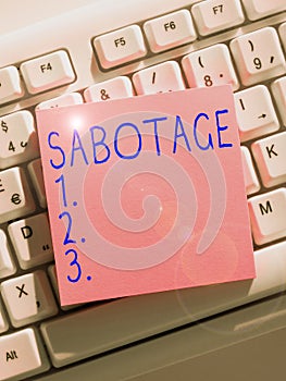 Text caption presenting Sabotage. Concept meaning destruction of an employer's tools and materials by workers