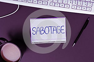Text caption presenting Sabotage. Word Written on destruction of an employer's tools and materials by workers