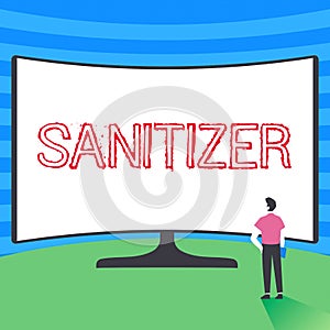 Text caption presenting Sanitizer. Conceptual photo liquid or gel generally used to decrease infectious agents Man