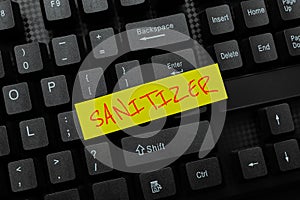 Text caption presenting Sanitizer. Word for liquid or gel generally used to decrease infectious agents Editing And