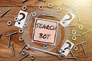 Text caption presenting Search Bot. Business overview a program that runs automated tasks over the Internet or network