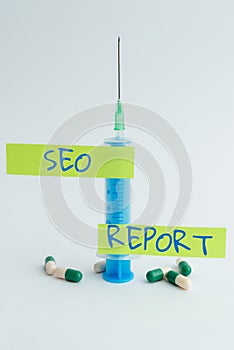 Text caption presenting Seo Report. Business idea notifying on how website is performing in search engine results