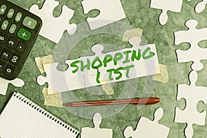 Text caption presenting Shopping List. Business idea Discipline approach to shopping Basic Items to Buy Building An