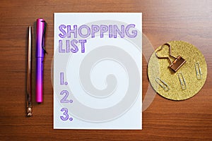 Text caption presenting Shopping List. Business overview Discipline approach to shopping Basic Items to Buy