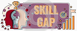 Text caption presenting Skill Gap. Business overview Refering to a person s is weakness or limitation of knowlege Two