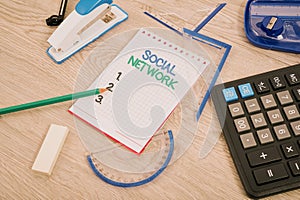 Text caption presenting Social Network. Word Written on a framework of individual linked by interan individualal photo