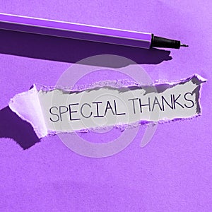 Text caption presenting Special Thanks. Word Written on expression of appreciation or gratitude or an acknowledgment