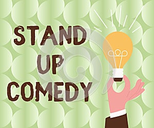 Text caption presenting Stand Up Comedy. Concept meaning Comedian performing speaking in front of live audience