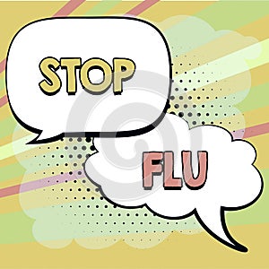 Text caption presenting Stop Flu. Business overview a process of inputting and storing data previously acquired Woman