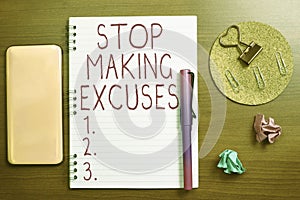 Text caption presenting Stop Making Excuses. Word for Cease Justifying your Inaction Break the Habit