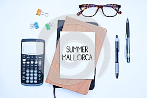Text caption presenting Summer Mallorca. Word for Spending the holiday season in the Balearic islands of Spain Office