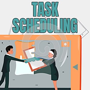 Text caption presenting Task Scheduling. Business approach The assignment of start and end times to a set of tasks