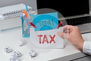 Text caption presenting Tax. Business showcase compulsory financial charge imposed upon taxpayer by government