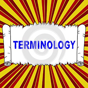 Text caption presenting Terminology. Business approach Terms used with particular technical application in studies