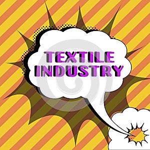 Text caption presenting Textile Industry. Business idea production and distribution of yarn cloth and clothing