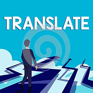 Text caption presenting Translate. Concept meaning Another word with same equivalent meaning of a target language photo