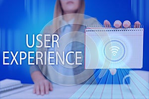 Text caption presenting User Experience. Business overview using website especially in terms how pleasing it is to use
