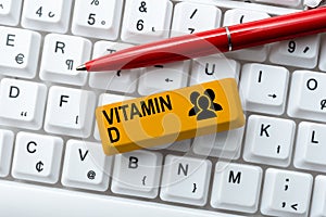 Text caption presenting Vitamin D. Business idea Nutrient responsible for increasing intestinal absorption Typing Game