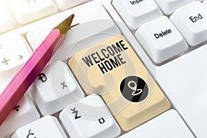 Text caption presenting Welcome Home. Concept meaning Expression Greetings New Owners Domicile Doormat Entry photo