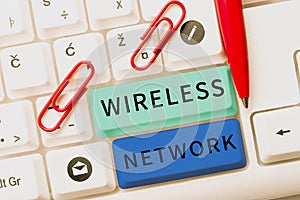 Text caption presenting Wireless Network. Business showcase computer network that uses wireless data connections