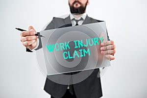 Text caption presenting Work Injury ClaimMedical care reimbursement Employee compensation. Concept meaning Medical care