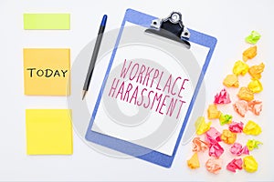 Text caption presenting Workplace Harassment. Business idea Different race gender age sexual orientation of workers